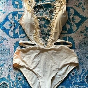 Cream One-Piece Swimsuit with Fringe Details